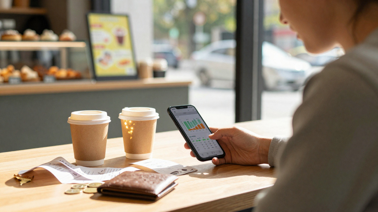 Person sitzt an Tisch mit zwei Kaffeebechern, Smartphone mit Diagrammen, Geldbörse, Münzen und Kassenzettel.
