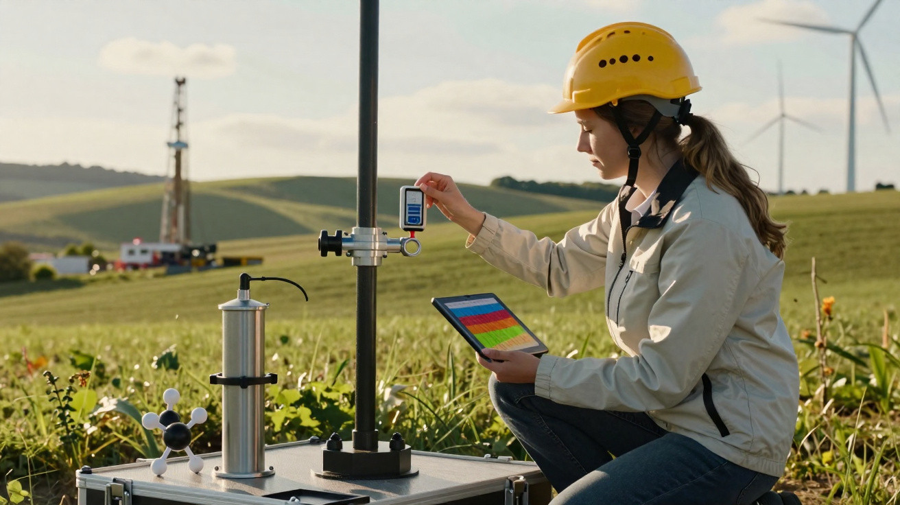 Technikerin mit Helm misst Umweltwerte im Feld, nutzt Tablet, Windräder und Bohranlage im Hintergrund sichtbar.