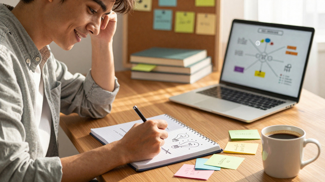 Junge Person zeichnet Ideen in Notizbuch am Schreibtisch mit Laptop, Post-its und Kaffeetasse.