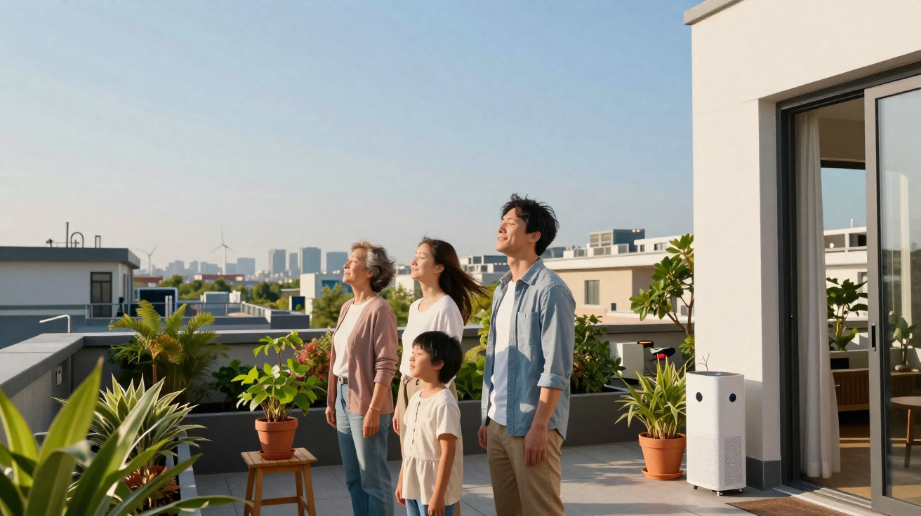 Vier Personen verschiedener Generationen auf einer sonnigen Dachterrasse mit Stadtblick und Pflanzen.