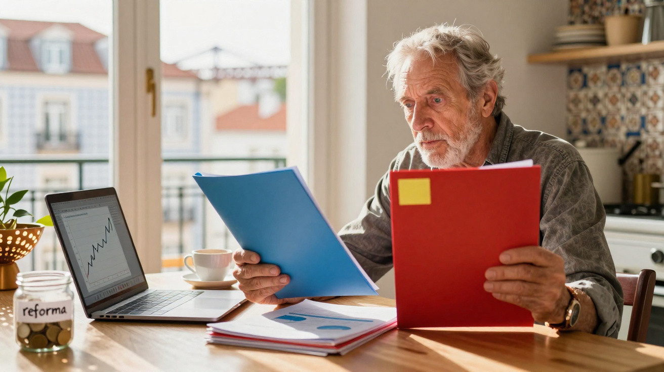 Älterer Mann sitzt am Tisch, analysiert Dokumente neben offenem Laptop mit Finanzdiagramm.