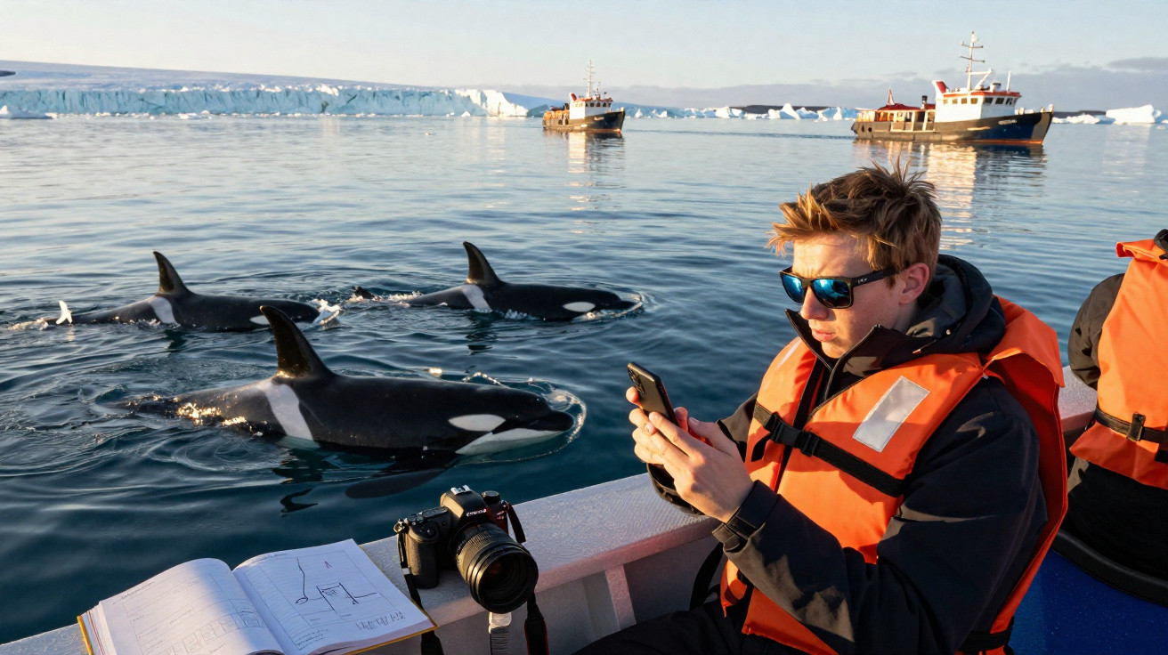 Junger Mann mit Rettungsweste fotografiert Orcas vom Boot aus in eisiger Polarregion mit Eisbergen im Hintergrund.