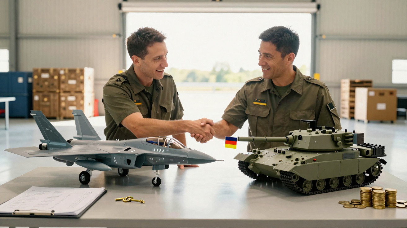 Zwei Soldaten in Uniform schütteln sich vor Modellen von Jet und Panzer in einer Halle die Hand.