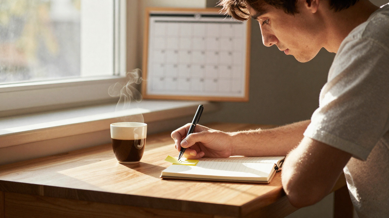 Junger Mann schreibt Notizen an Fensterarbeitsplatz mit dampfender Kaffeetasse und Kalender im Hintergrund.