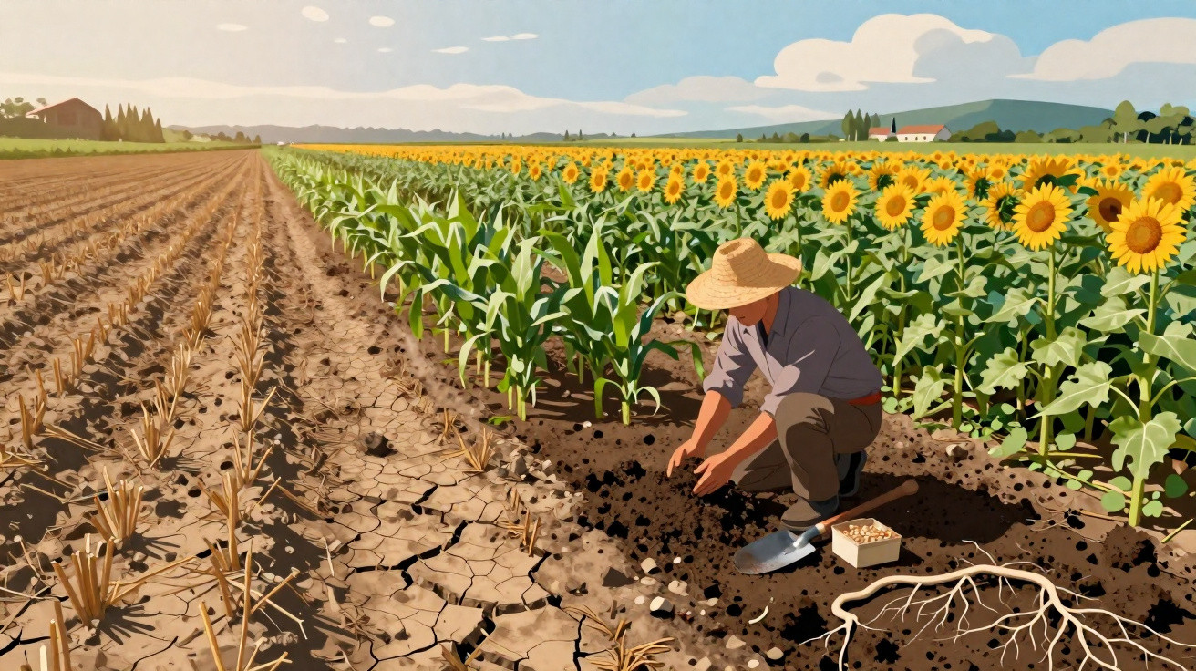 Landwirt pflanzt Setzlinge neben sonnenblumenbewachsenem Feld unter blauem Himmel auf trockenem Land.