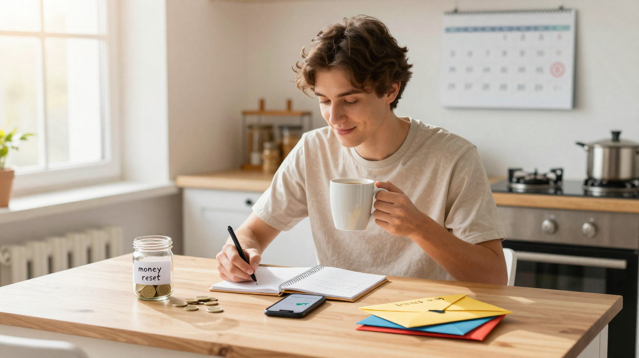 Junger Mann trinkt Kaffee und schreibt Notizen an einem Tisch mit Sparglas, Handy und Umschlägen in der Küche.