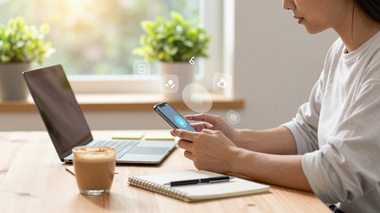 Frau sitzt am Holztisch mit Laptop, Notizblock und Kaffee und benutzt Smartphone mit Icons über dem Bildschirm.