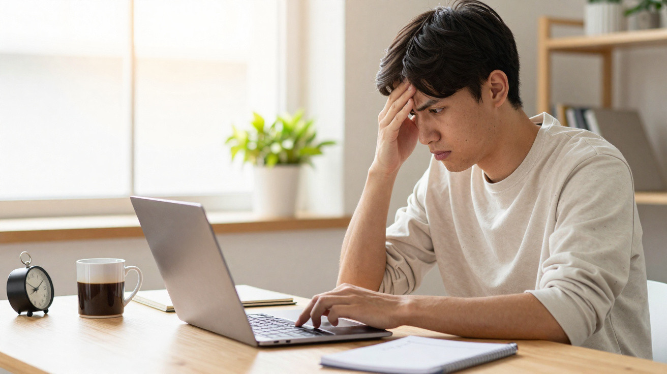 Junger Mann sitzt am Schreibtisch und wirkt angespannt vor dem Laptop, neben Notizbuch und Kaffeetasse.