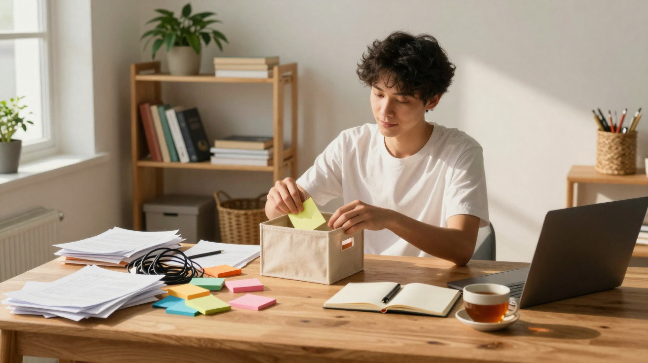Junger Mann sortiert bunte Notizzettel an einem Holzschreibtisch mit Laptop und Teetasse.