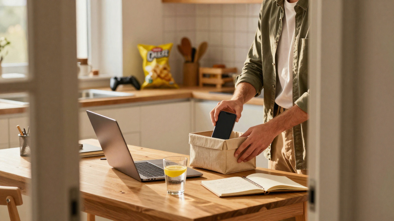 Person legt Smartphone in Stoffbox auf Küchentisch mit Laptop, Glas Wasser und offenem Notizbuch ab