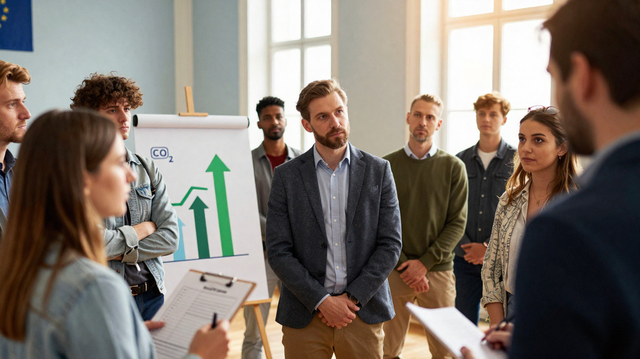 Gruppe von jungen Erwachsenen diskutiert vor Flipchart mit CO2-Diagramm in hellem, sonnigem Raum.