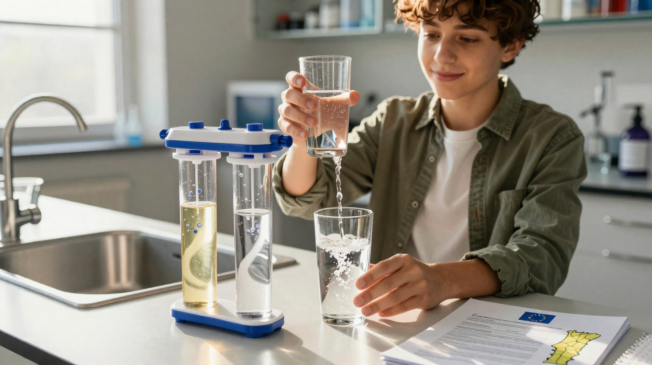 Jugendlicher führt Wasserexperiment mit Reagenzgläsern und klarem Wasser in modernem Labor durch.