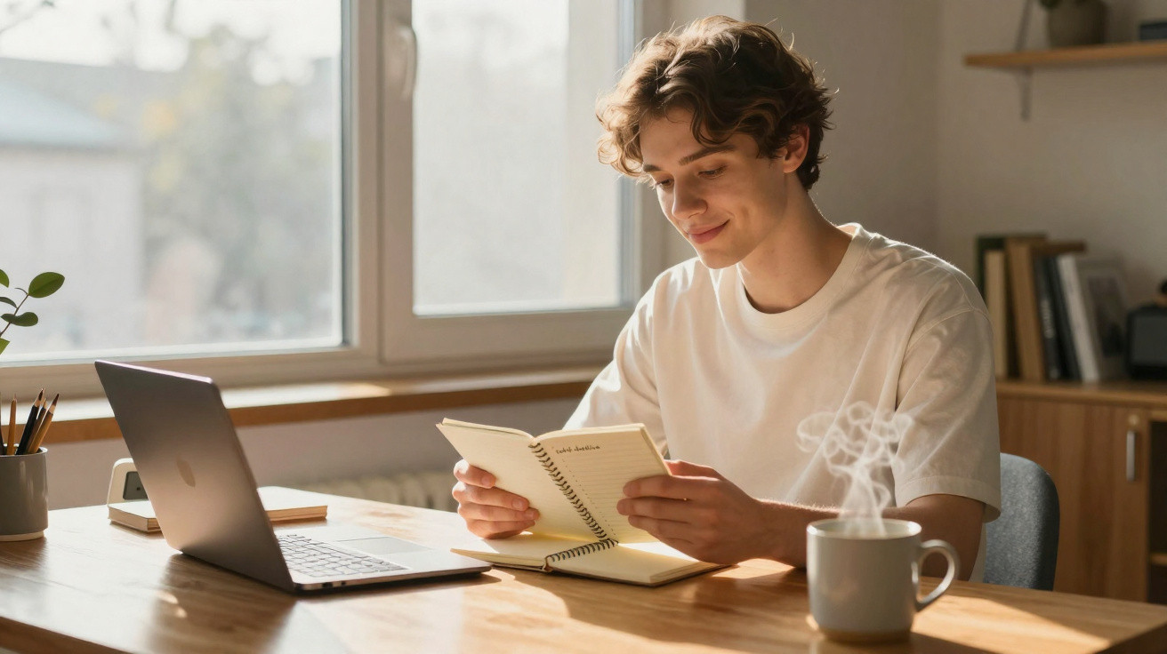 Junger Mann sitzt am Tisch, liest Notizbuch, Laptop und dampfende Tasse Kaffee auf Holztisch vor Fenster.