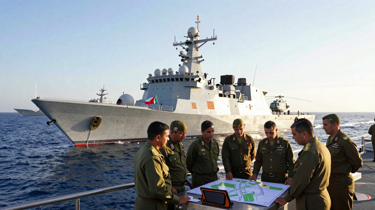 Mehrere Soldaten in Uniform besprechen einen Plan auf einem Schiff, im Hintergrund ein Kriegsschiff auf dem Meer.