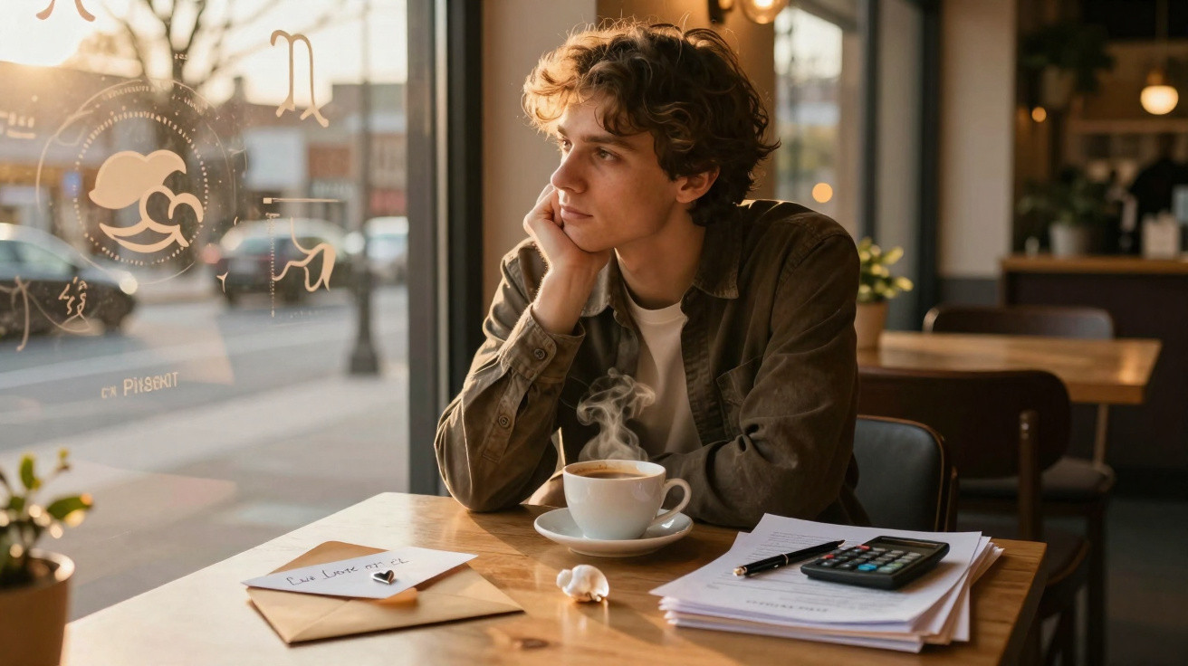 Nachdenklicher junger Mann sitzt im Café mit dampfendem Kaffee und Papieren auf dem Tisch.