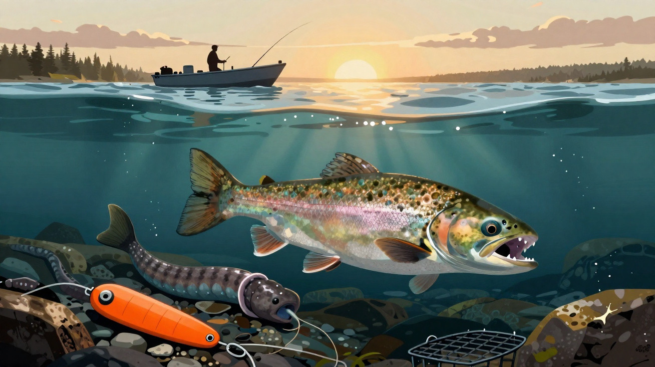 Illustration eines Raubfisches unter Wasser und einem Anglerboot bei Sonnenuntergang am Seeufer.