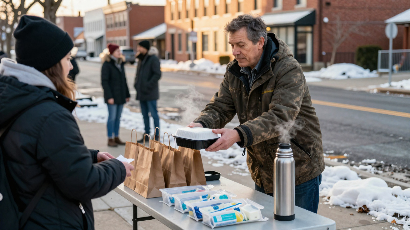 Mann verteilt warme Mahlzeiten an obdachlose Personen an einem kalten Wintertag im Freien.