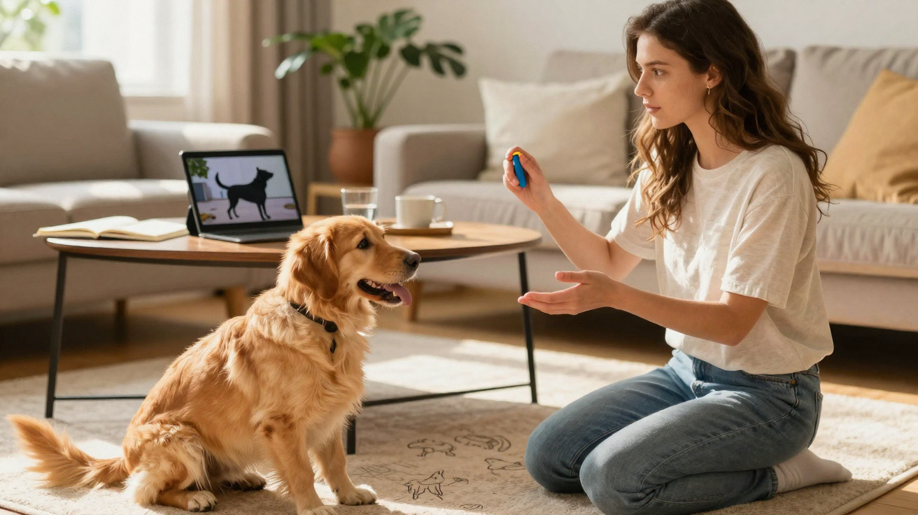 Junge Frau trainiert mit einem Golden Retriever spielerisch im Wohnzimmer mit Tablet im Hintergrund.