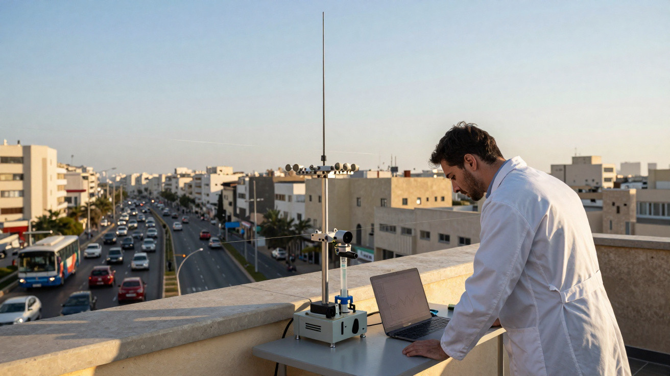 Wissenschaftler im weißen Kittel arbeitet mit Messgerät und Laptop auf dem Dach neben belebter Straße.
