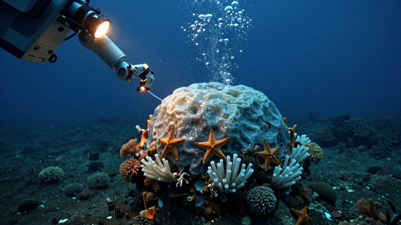 Roboterarm untersucht Korallenriff unter Wasser mit Seesternen und Meereslebewesen bei schwachem Licht.