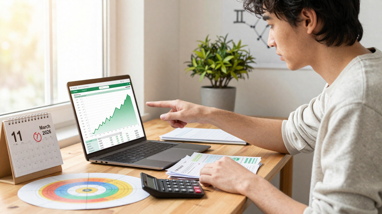 Junger Mann analysiert Finanzdiagramme an einem Schreibtisch mit Laptop, Taschenrechner und Kalender.
