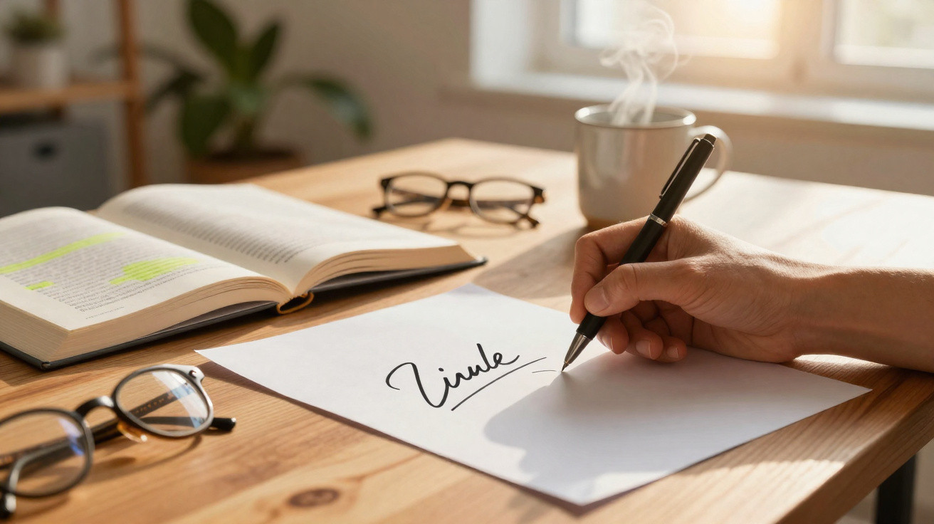 Hand schreibt mit Stift auf Papier das Wort "Title", Buch, Brille und dampfende Tasse auf Holztisch.