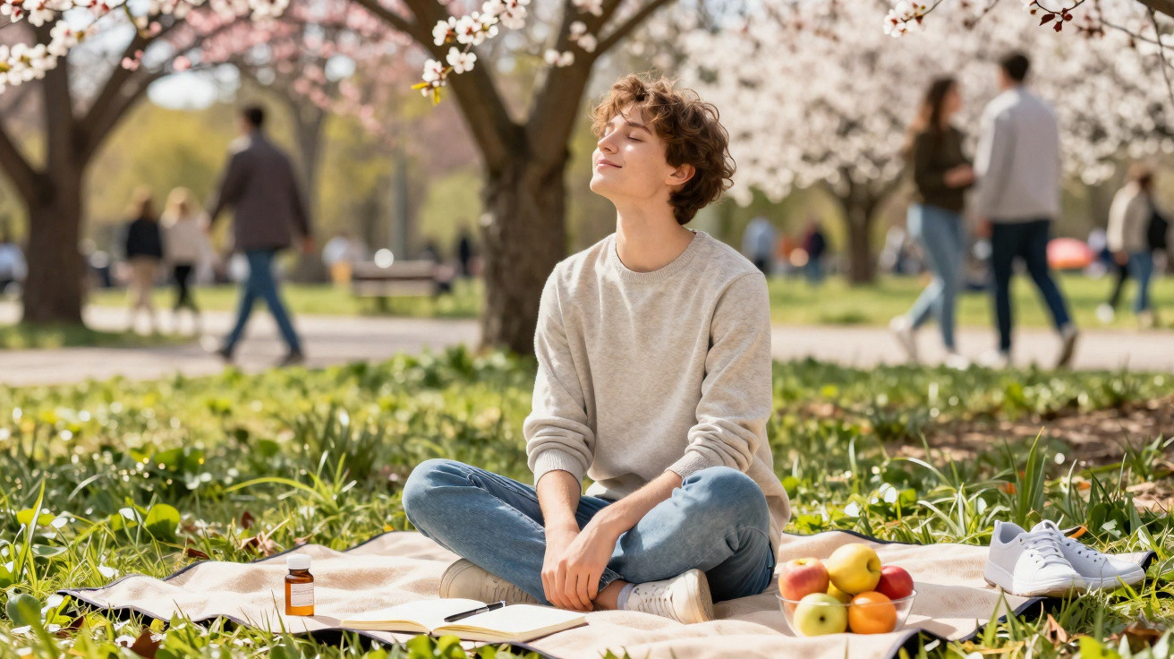 Junge sitzt entspannt auf Picknickdecke unter blühenden Bäumen im Park, Sonne und Frühling genießen.