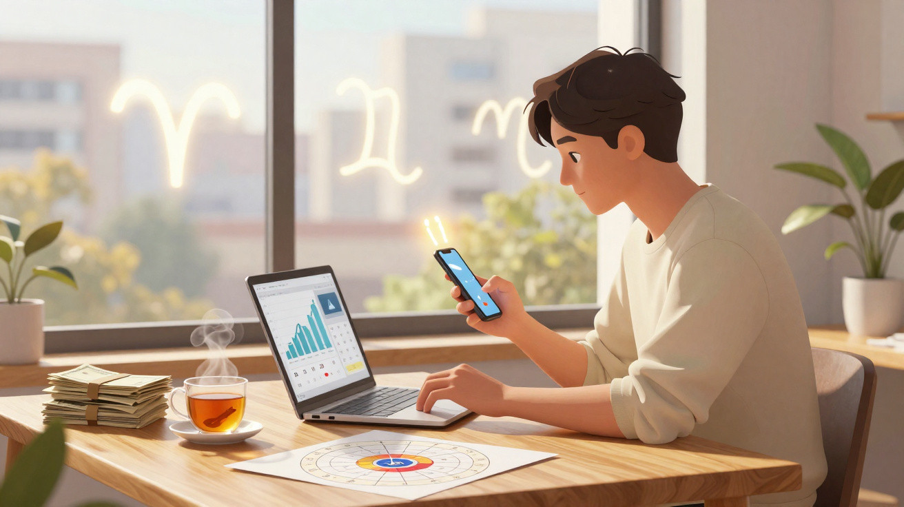 Junger Mann arbeitet am Laptop und Smartphone am Tisch mit Finanzdiagrammen und Teetasse vor Fenster.