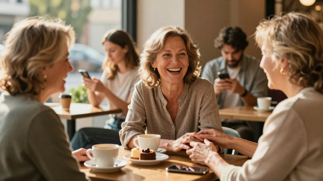 Drei ältere Frauen lachen und halten Hände beim Kaffeetrinken in einem gemütlichen Café.
