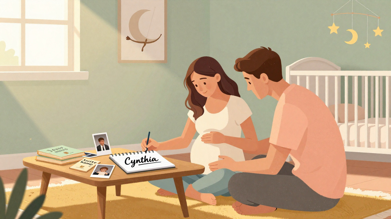 Schwangere Frau und Mann sitzen im Kinderzimmer, schreiben Babynamen in ein Buch, neben Babybett und Fotos.