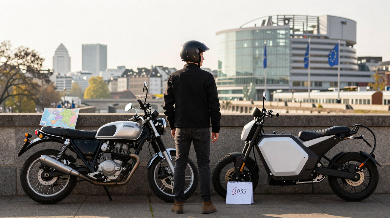 Person mit Helm steht zwischen klassischem Motorrad und modernem Elektromotorrad vor Gebäuden und Europaflaggen.