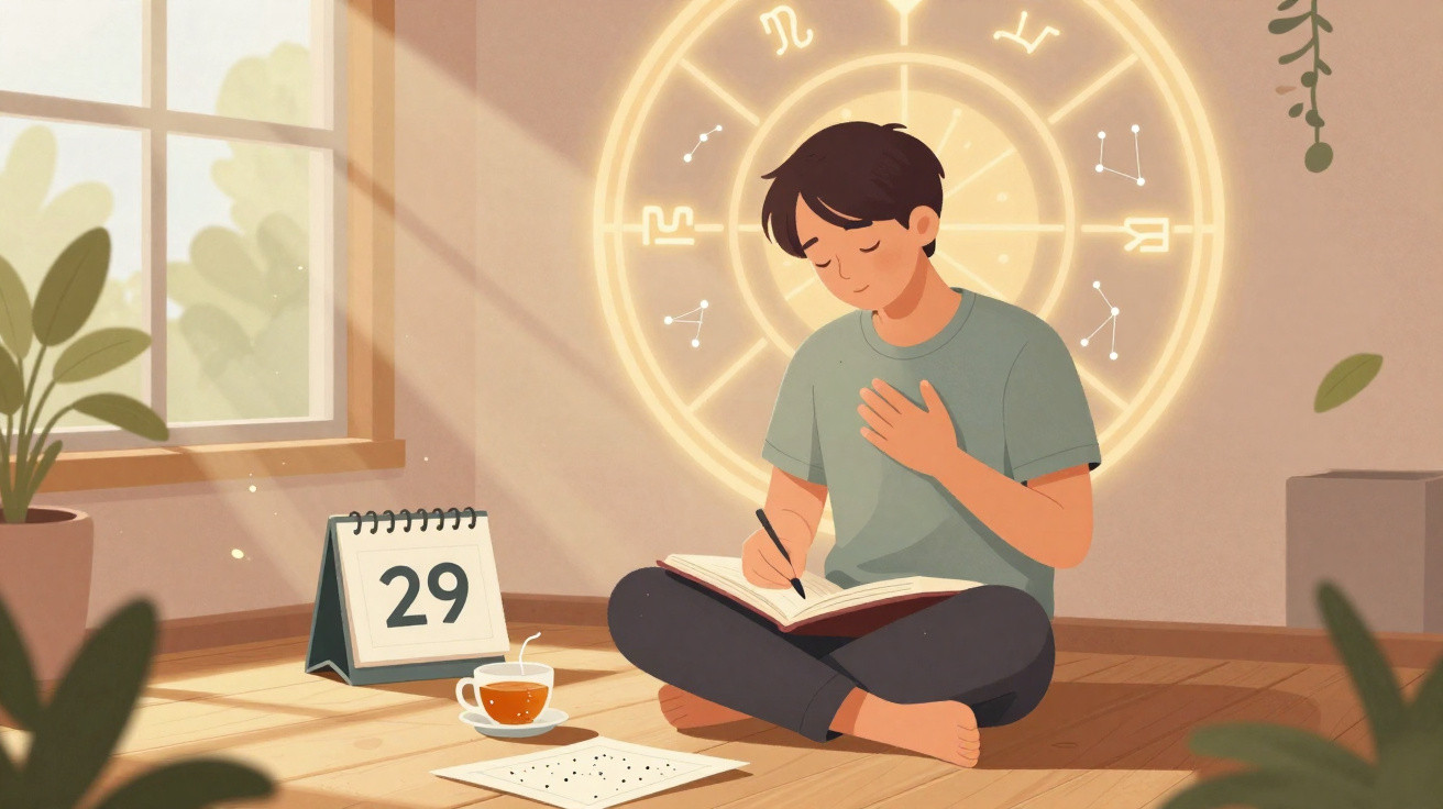Junger Mann sitzt meditativ mit Tagebuch am Boden, zodiac-Symbol hinter ihm und Kalender mit Datum 29.