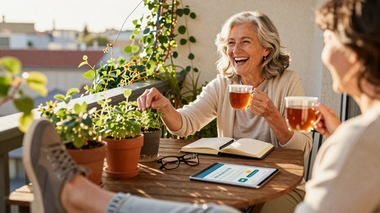 Zwei Frauen sitzen auf dem Balkon, trinken Tee und lachen, umgeben von Pflanzen und einem Tablet auf dem Tisch.