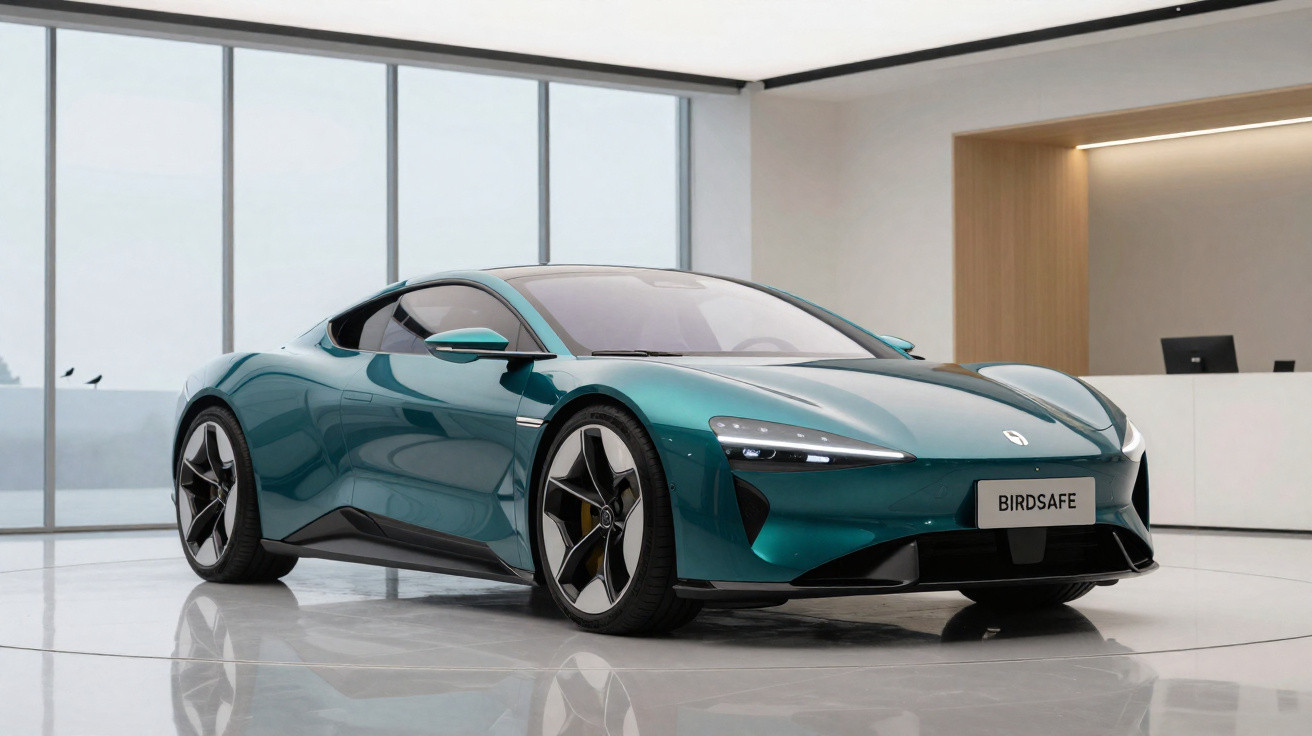 Blauer Tesla Roadster in modernem Ausstellungsraum vor großen Fenstern auf glänzendem Boden stehend.