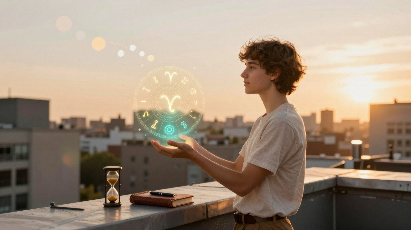 Junge Person hält auf Dach in Abendlicht ein schwebendes, leuchtendes Horoskop-Symbol in den Händen.