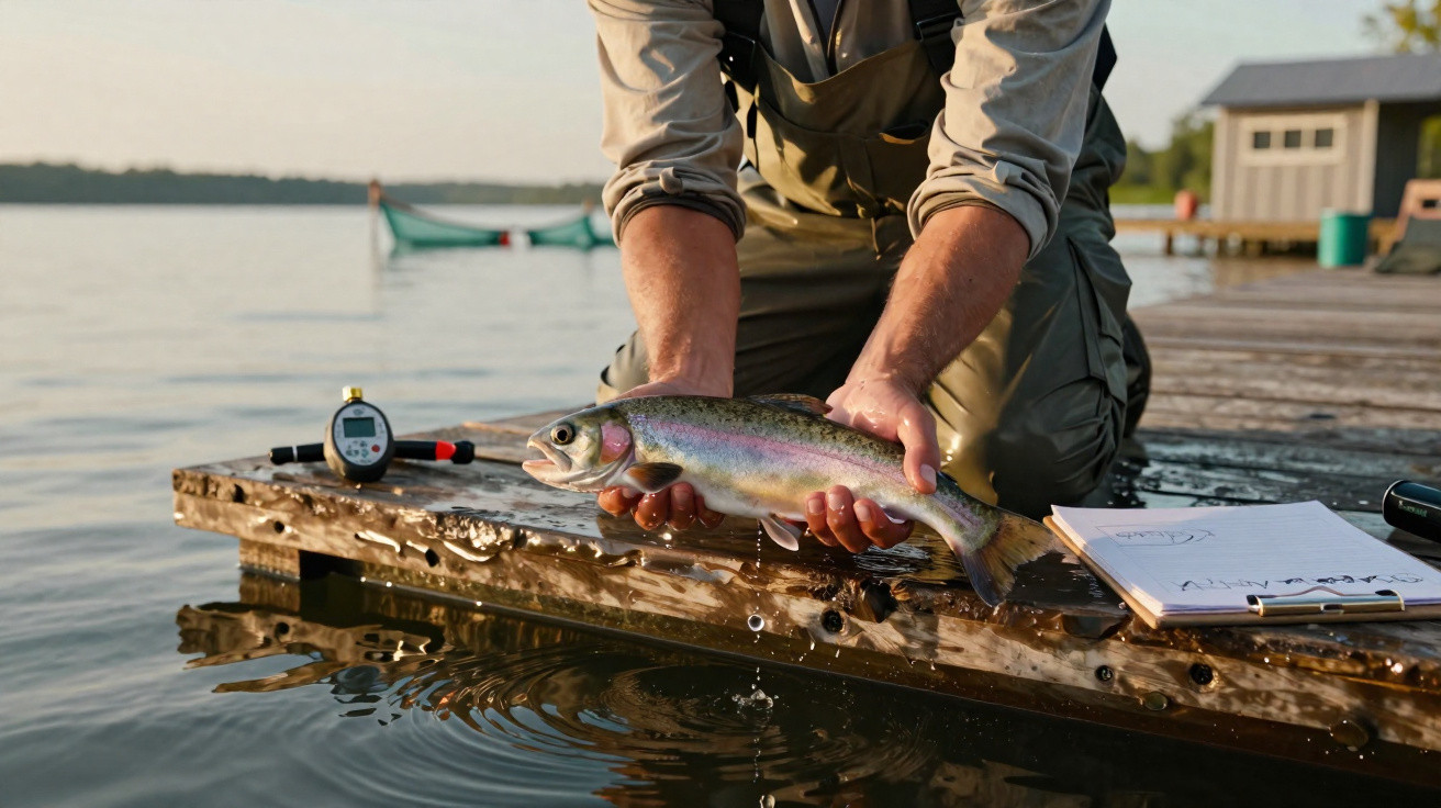 Person hält frisch gefangenen Fisch über dem Wasser an einem Holzsteg bei Sonnenuntergang.