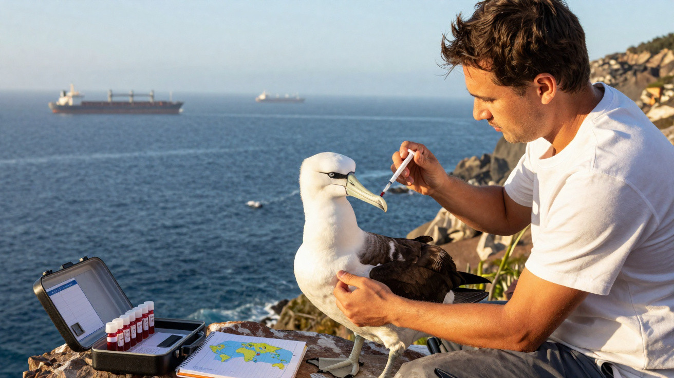 Mann untersucht Albatros mit Pipette am Meer, Laborutensilien und Weltkarte liegen auf Felsen.