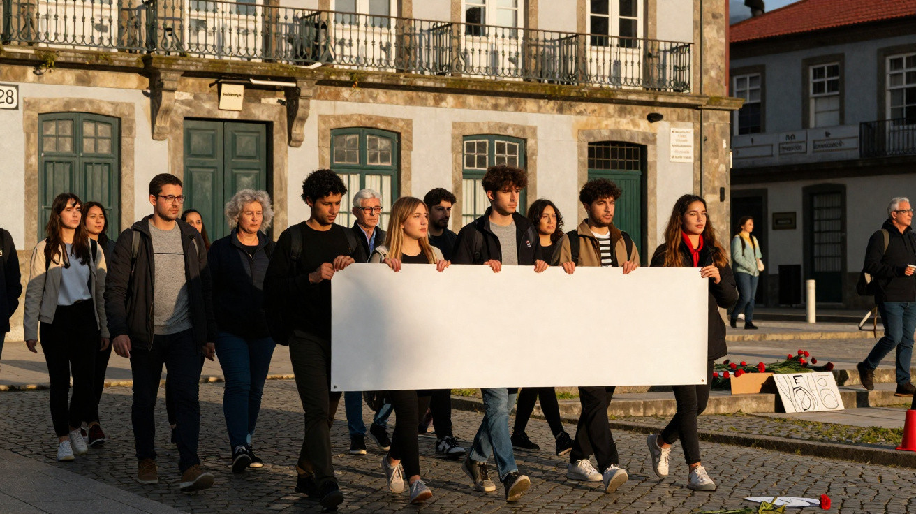 Gruppe junger Menschen geht bei Sonnenlicht zusammen und trägt ein großes leeres weißes Transparent auf Kopfsteinpflaster.