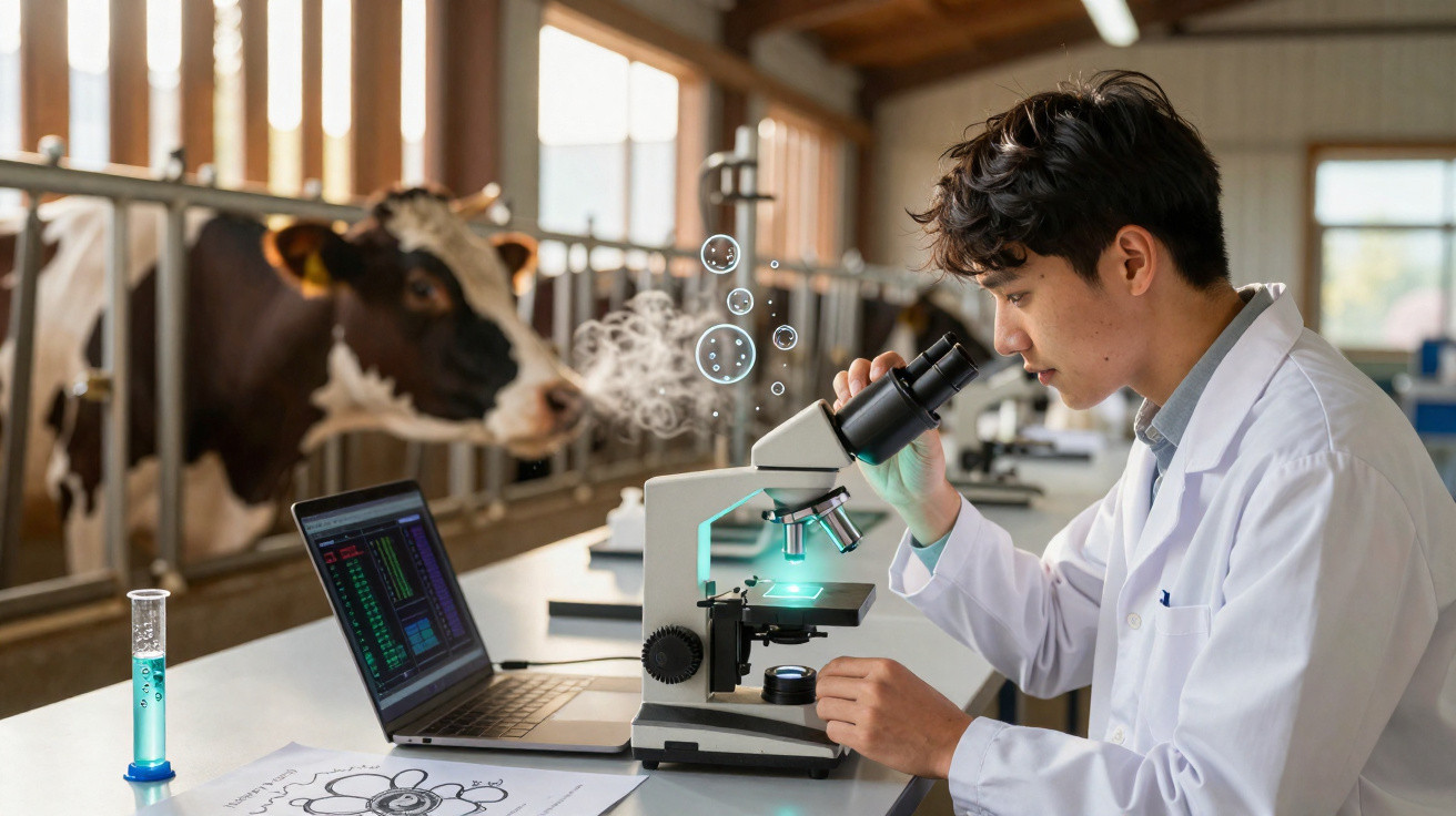 Junger Wissenschaftler im Labor untersucht Probe am Mikroskop mit Kuh im Stall im Hintergrund.
