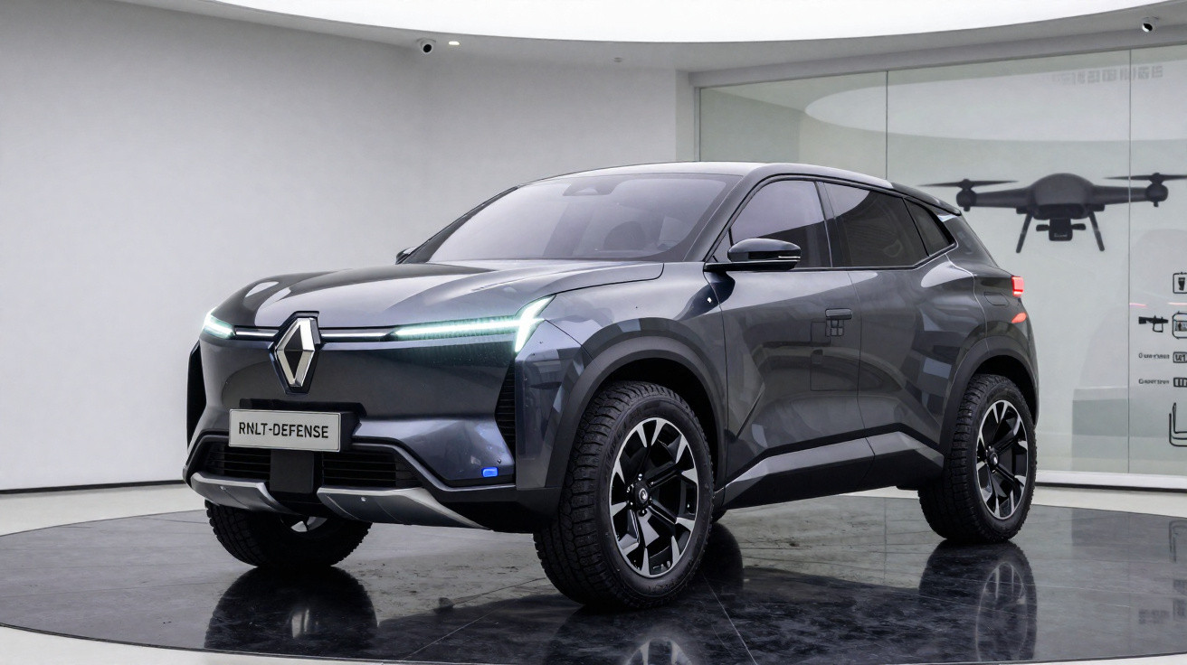 Dunkelgraues Renault RNLT-DEFENSE SUV mit moderner LED-Beleuchtung in einer Ausstellungshalle.