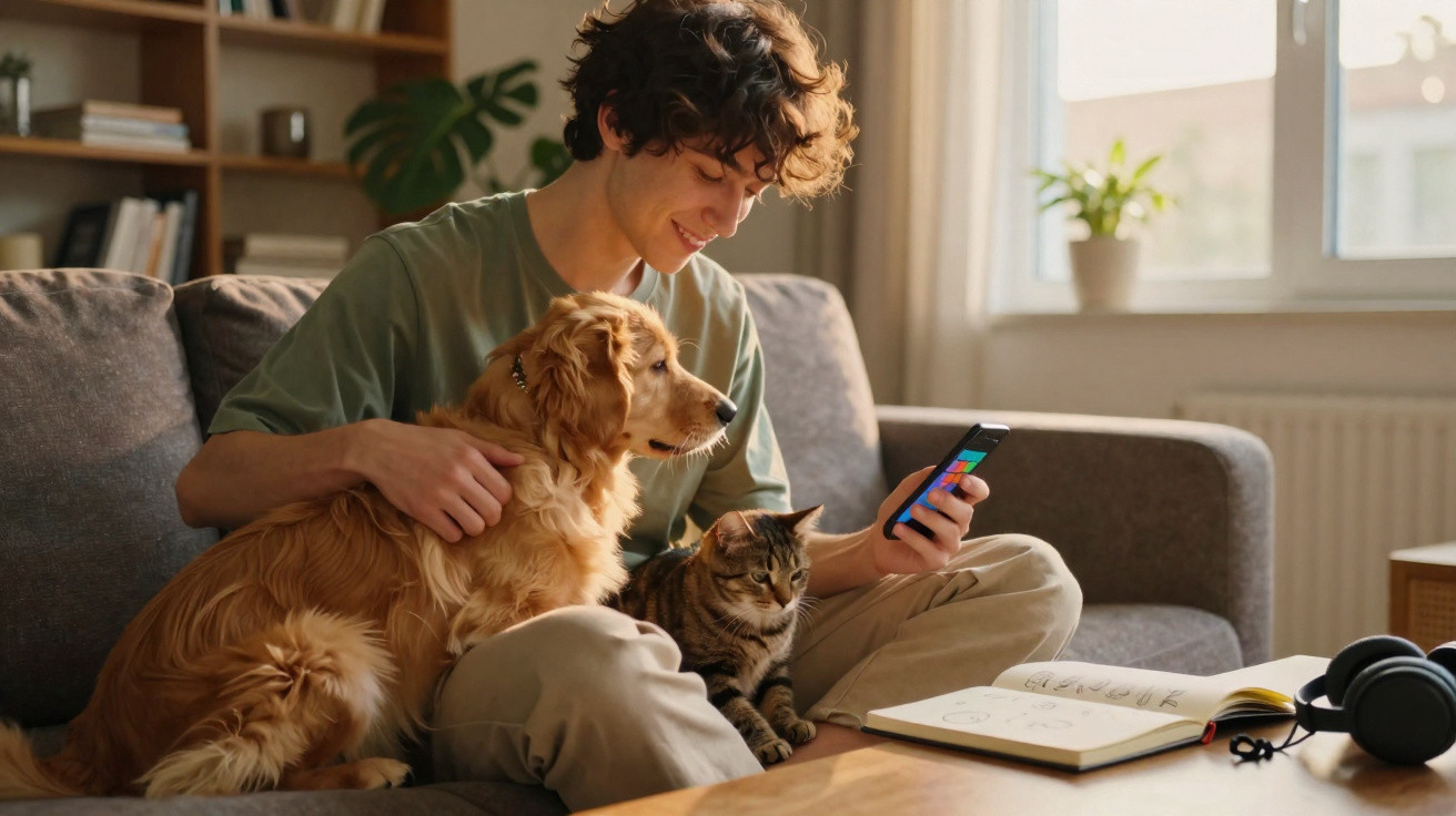 Junger Mann sitzt auf Sofa mit Hund und Katze, hält Smartphone, neben ihm Skizzenbuch und Kopfhörer auf Tisch.