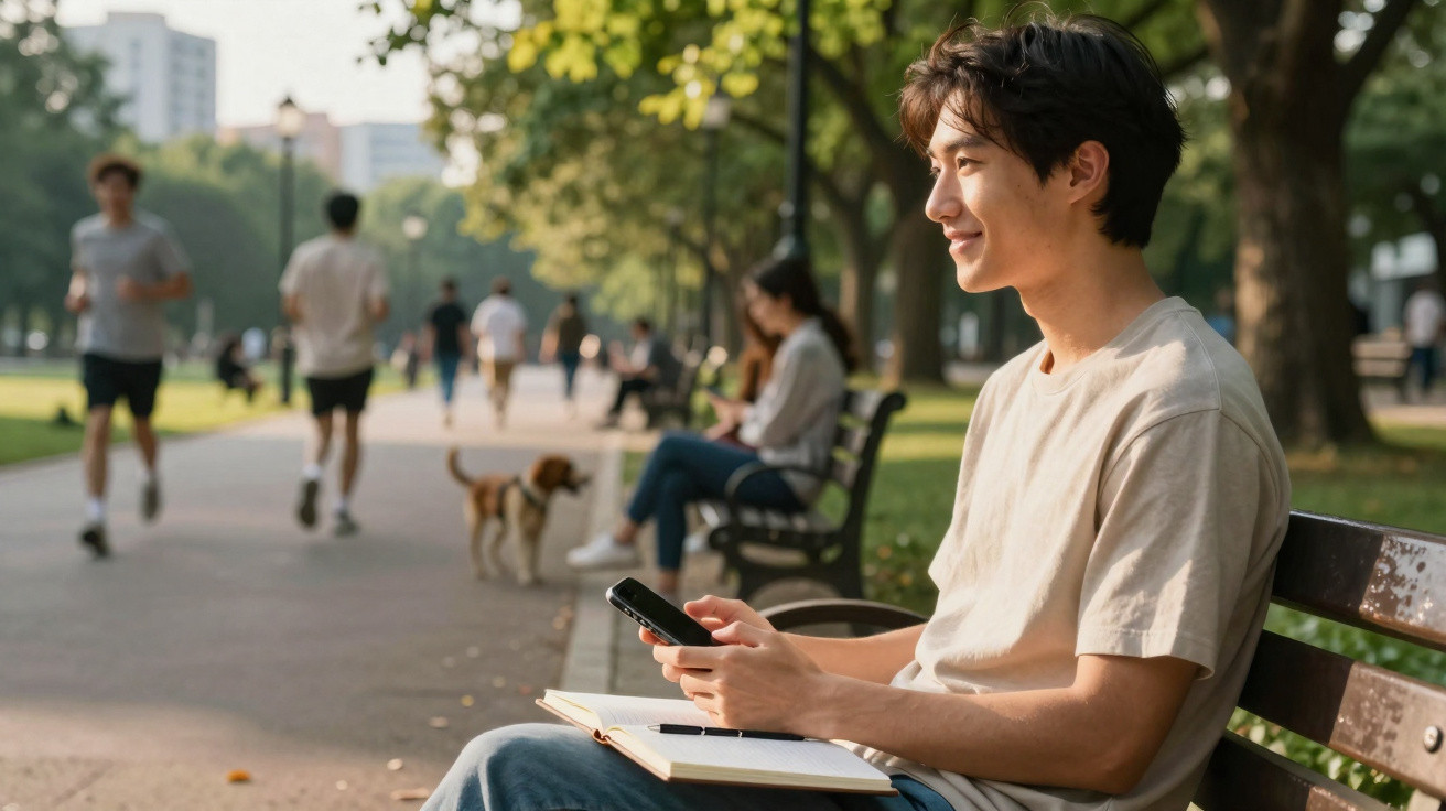 Junger Mann sitzt mit Handy und offenem Buch auf einer Parkbank, im Hintergrund joggen Menschen und ein Hund.