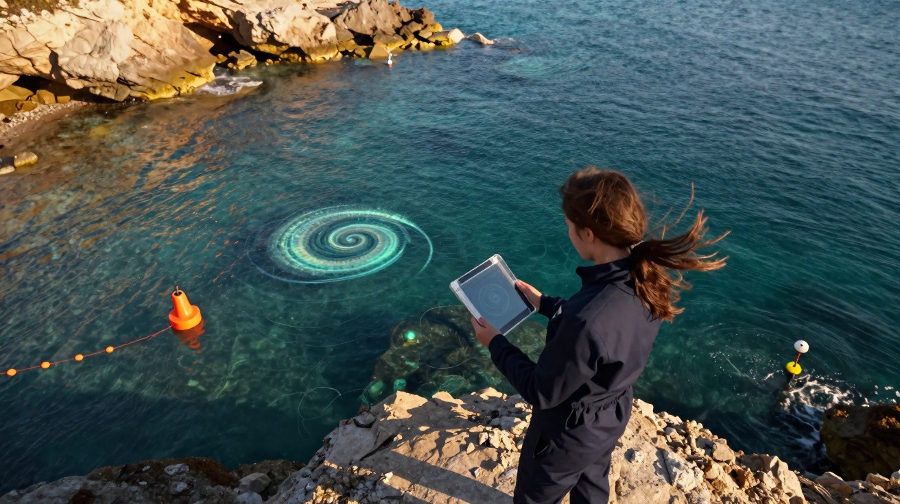 Frau mit Tablet steht auf felsiger Küste, beobachtet spiralförmiges Lichtmuster im klaren Meerwasser.