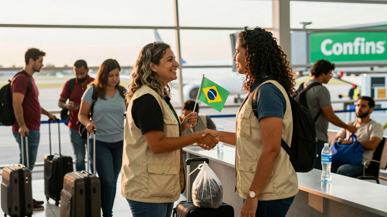 Zwei Frauen schütteln sich am Flughafen die Hand, eine hält eine brasilianische Flagge, Reisende im Hintergrund.