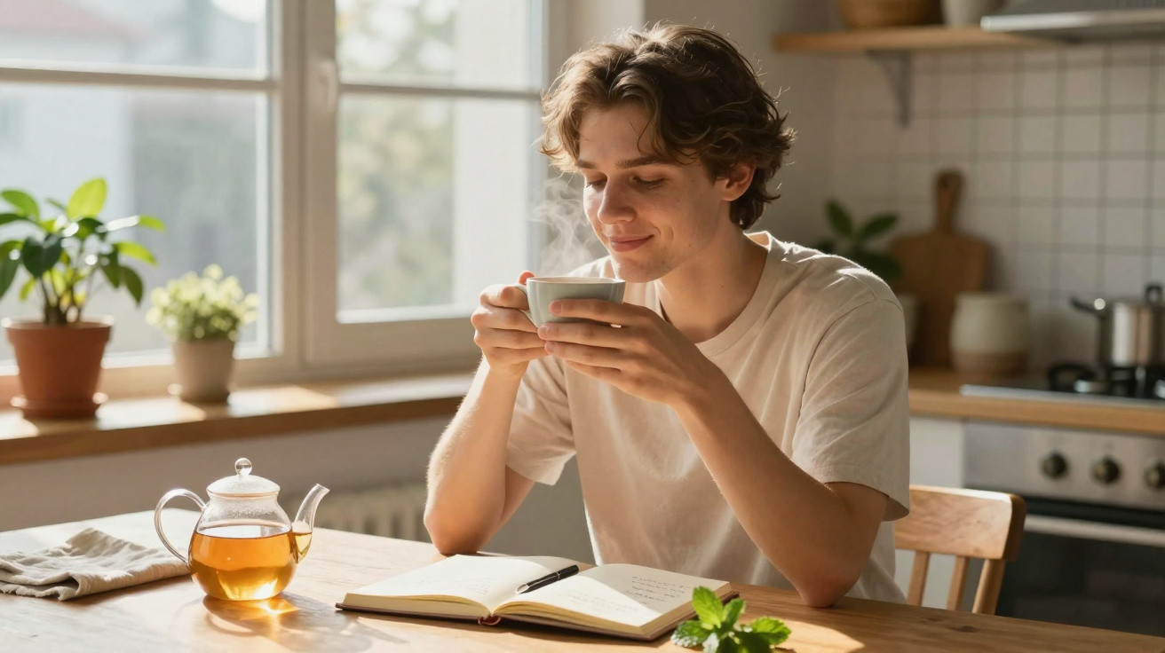 Junger Mann trinkt Tee und liest in einem aufgeklappten Buch in einer gemütlichen Küche am sonnigen Fenster.