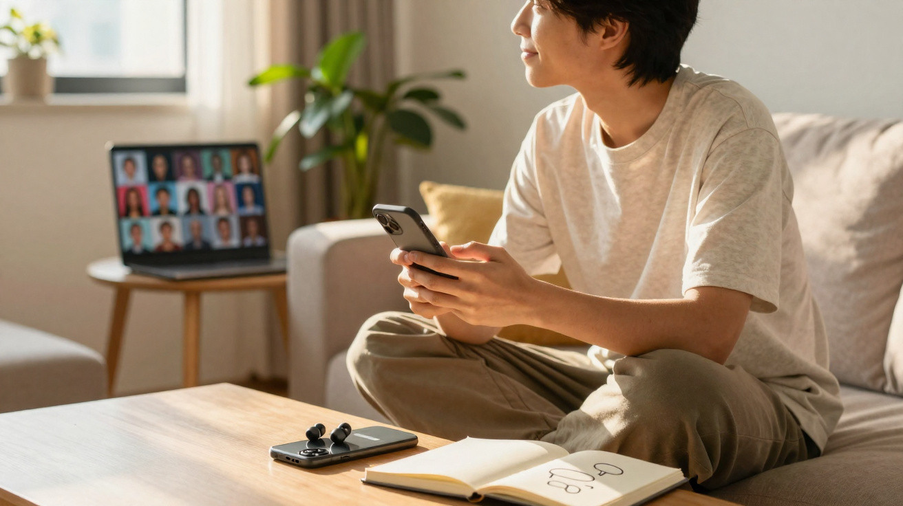 Junge sitzt entspannt mit Smartphone auf Sofa, Laptop mit Videoanruf im Hintergrund, offenes Notizbuch auf Tisch.