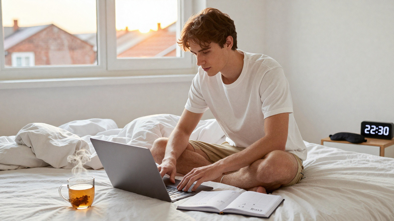Junger Mann sitzt auf Bett, arbeitet am Laptop mit Notizbuch, dampfender Tee und Wecker zeigt 22:30 Uhr.