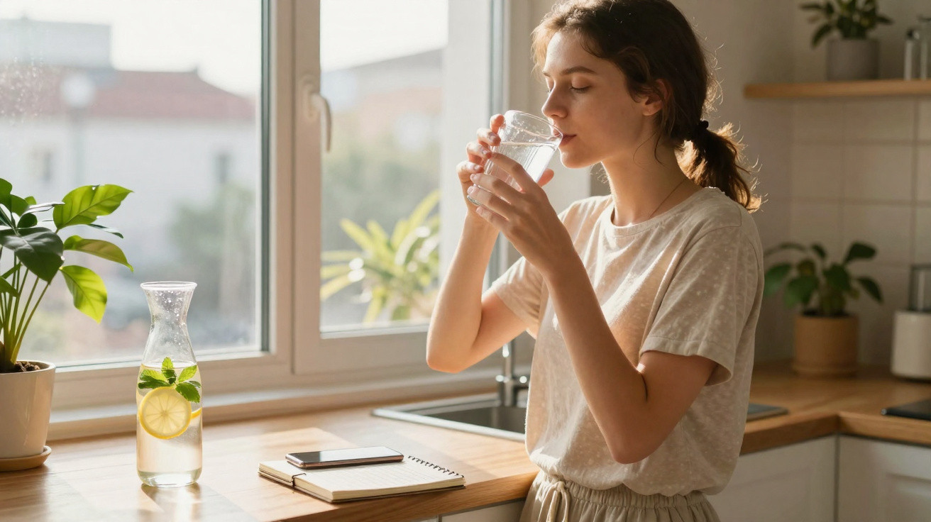 Frau trinkt Wasser aus Glas in heller Küche, neben ihr Karaffe mit Zitronenwasser und Notizbuch auf der Arbeitsfläche.