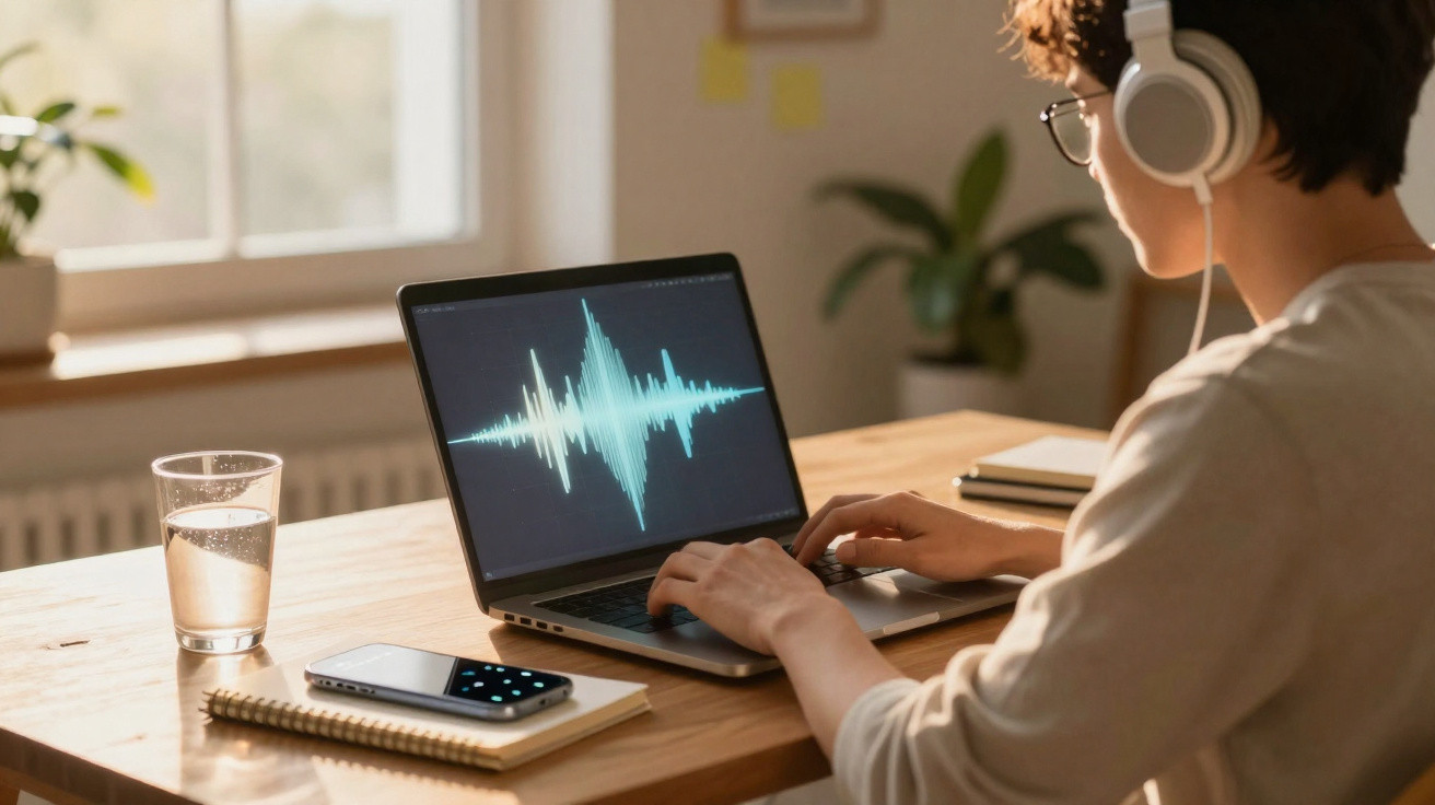 Person mit Kopfhörern arbeitet an Laptop mit Audiowellenform auf dem Bildschirm in hellem Raum