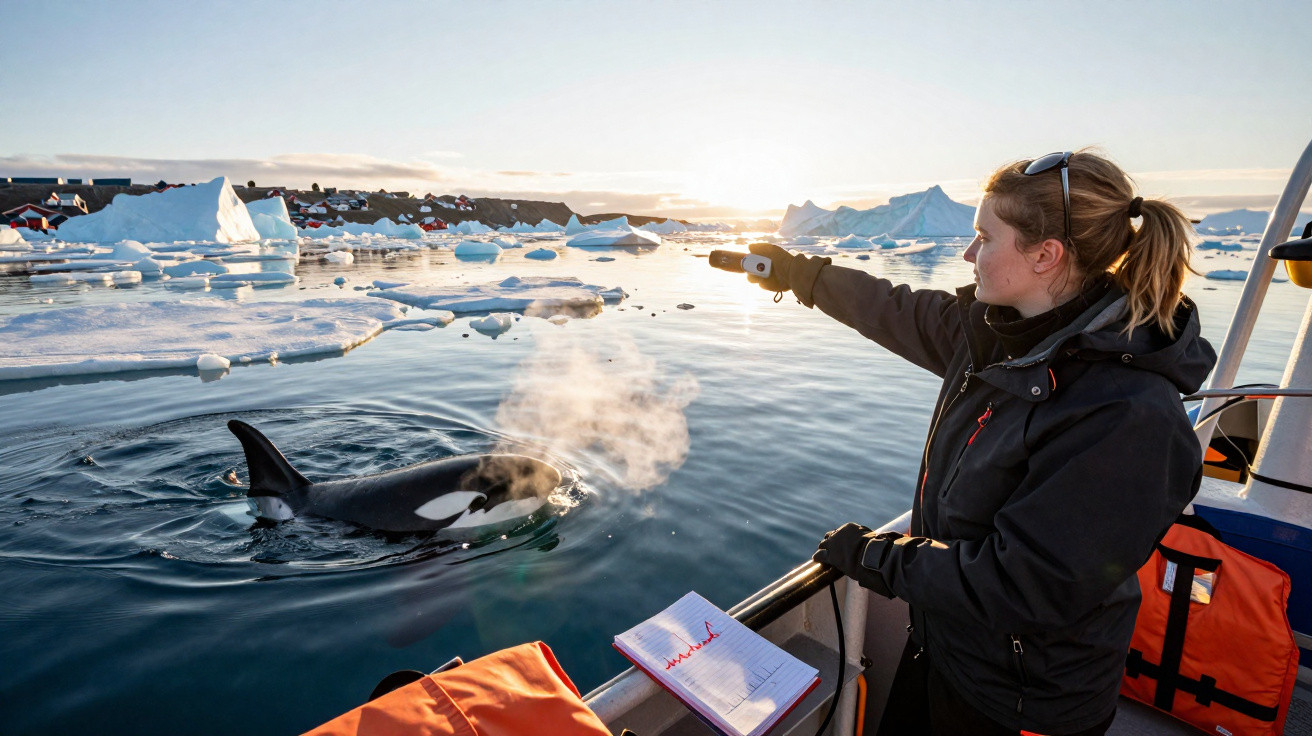 Frau auf Boot zeigt auf Orca, der in eisigem Wasser mit Eisbergen in der Ferne auftaucht.